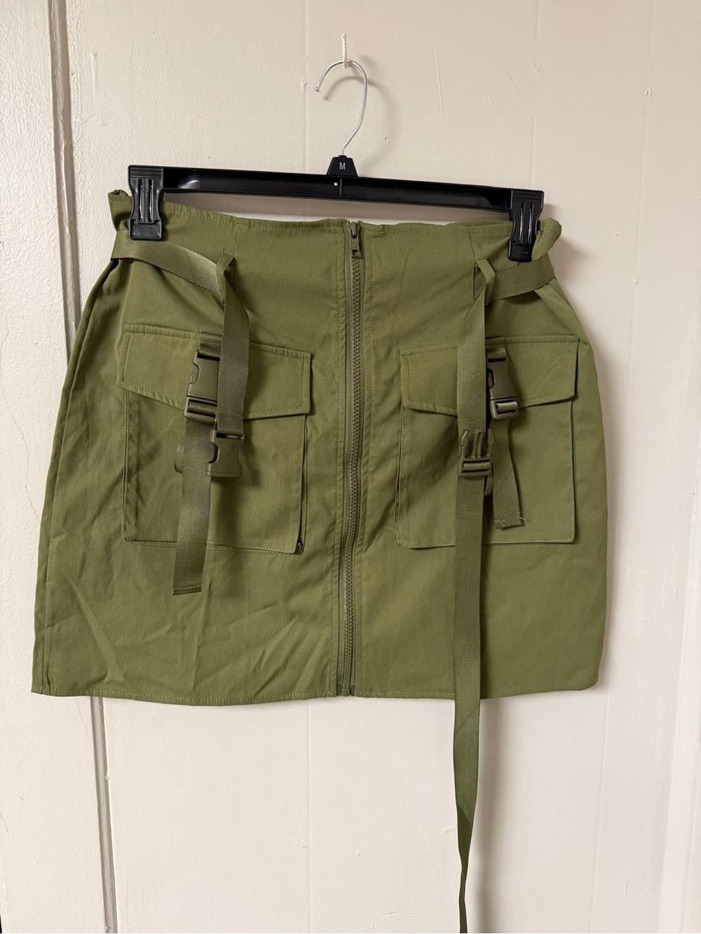 Adjustable Olive Cargo Mini Skirt with Front Buckle Straps